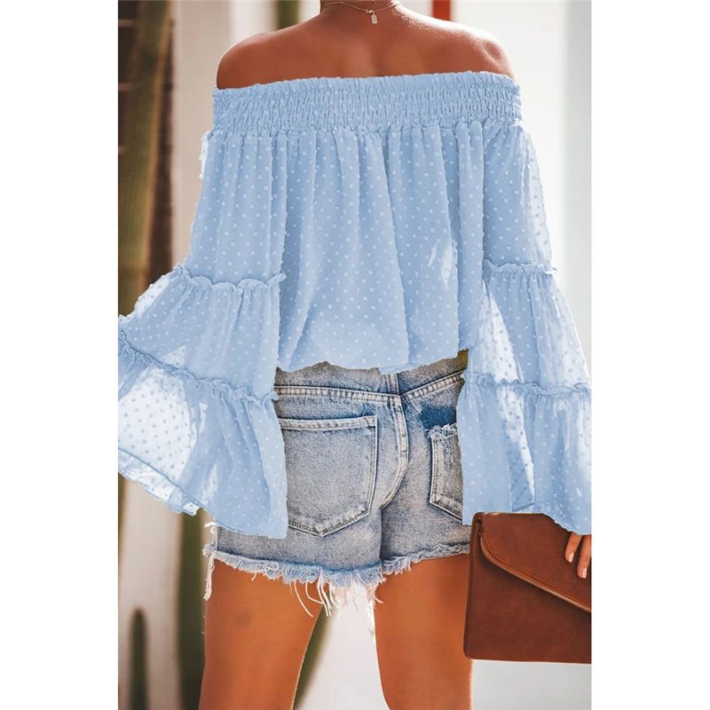 Adogirl Swiss Dot Off The Shoulder Tops Slash Neck Ruffles Long Flare Sleeve Loose Casual Blouse Women Fashion Clothing Outfits