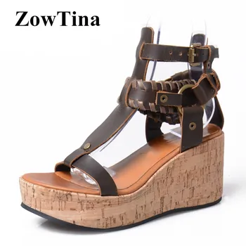 

Women Platform Wedge Sandals Brown Real Leather Summer Sandalias Shoes Woman Ankle Strap Buckle Ladies Shoes Fashion Zapatillas