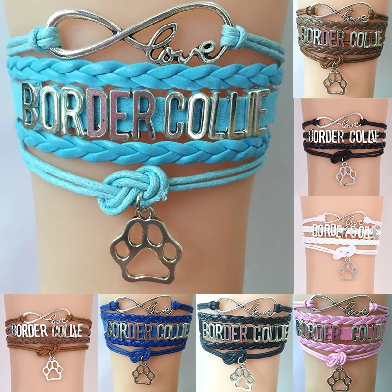 

Drop Shipping Infinity Love Border Collie Bracelet Dog Paw Charm Leather Braided Bracelet & Bangles Jewelry 8colors chosed
