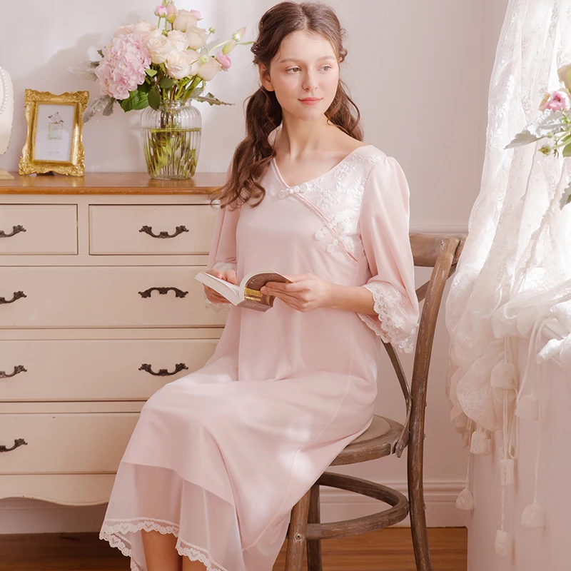 Retro Chinese Sleepwear Women Gown Sleepwear Nightgown Long Nightdress