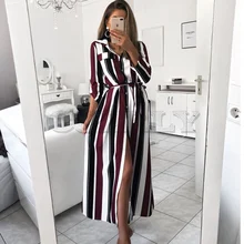 2019 Office Ladies Striped Sashes Long Dress Women Turn-Down Collar Beach Shirt Dress Casual New Fashion Women Elegant Dress fashionable striped shirt collar high low dress for women