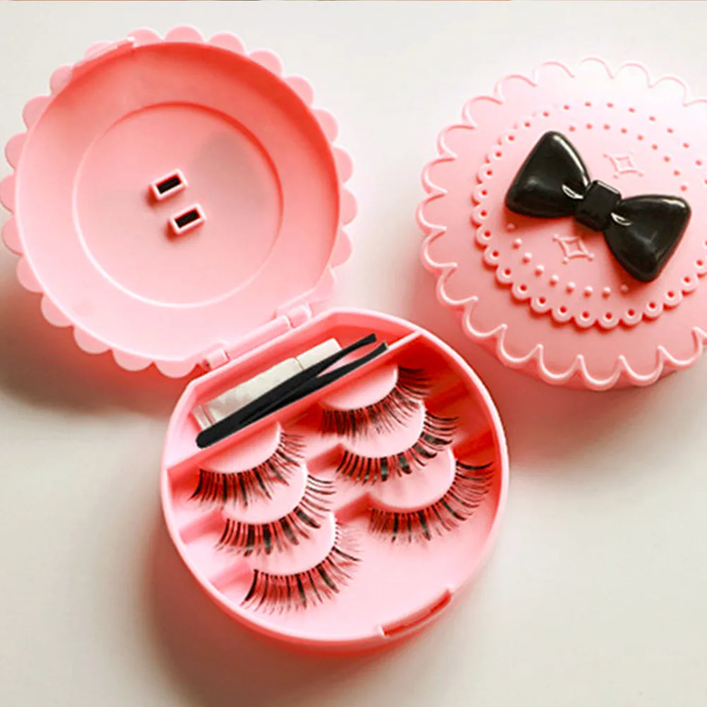 

Fake Eyelash Storage Box False Eyelashes Holder Pink Flower Black Bowknot Round Shaped with Compact Mirror Makeup Comestic Case