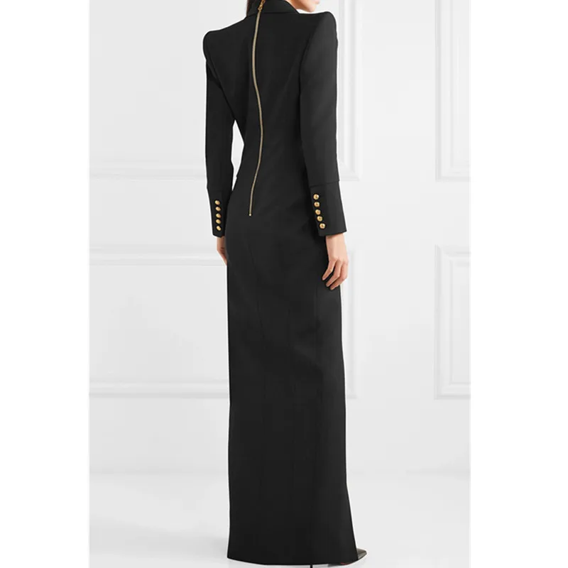 Kopen Pak Jurk Voor Vrouwen 2019 Herfst Turn Down Kraag Office Lady Jurk Sexy Double Breasted Pendelen Floor Lengte Jurk