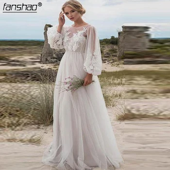 

2019 Muslim Wedding Dresses Tulle Applique Lantern Sleeves Illusion Vestido De Noiva Boho Dubai Arabic Wedding Gown Bridal Dress
