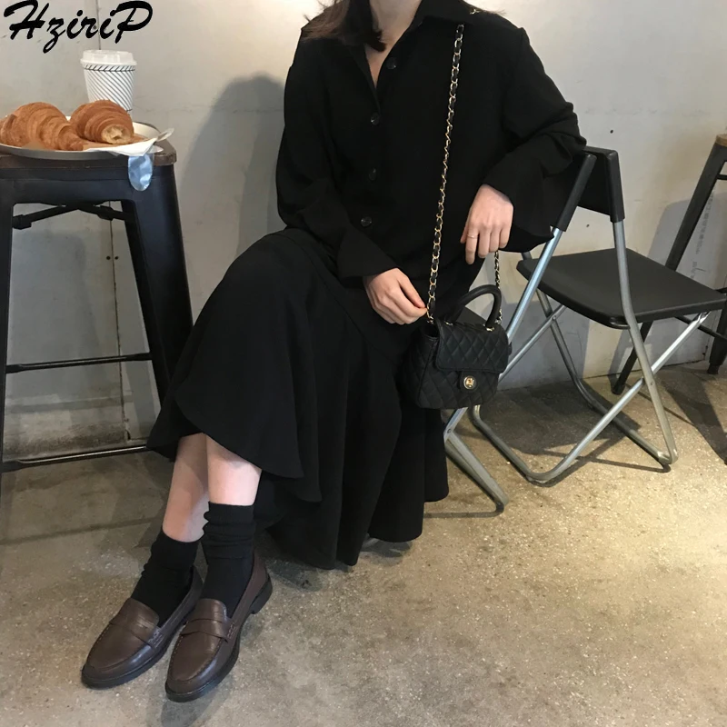 

HziriP 2019 Women New Spring Autumn Loose Aestheticism Upscale Trumpet Fresh Fashion Dresses Single Breasted Solid Office Lady