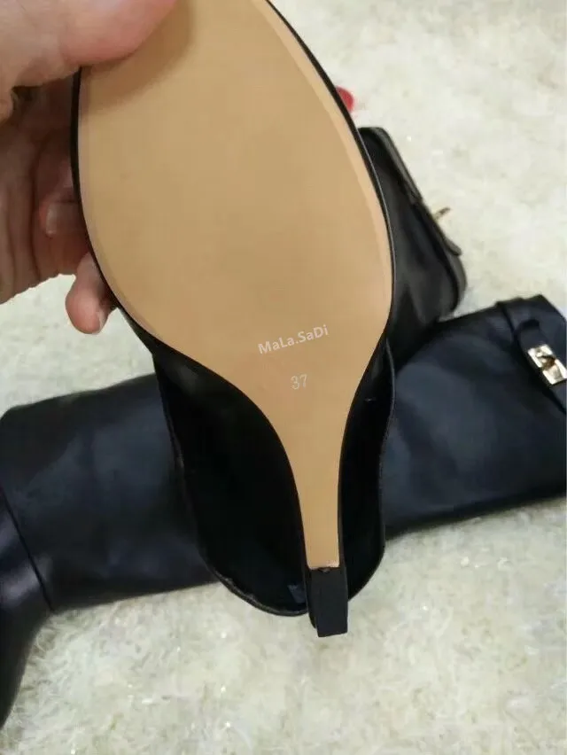 Fashion Women Genuine Leather Wedge Knee High Boots Silver Metal Shark Lock Belt Layer Shoes High Heels Knight Boots Size 35-42