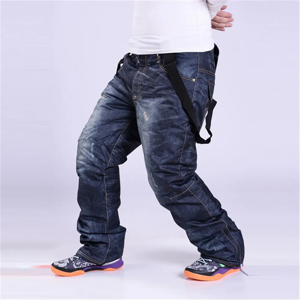 Adult Denim Pants With Strap Winter Warm Snow Pants Ski Outdoor Sport Trousers 