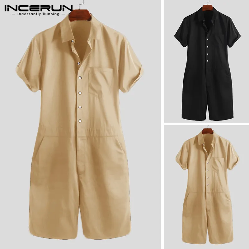 INCERUN Лето Новинка Мужская однотонная Уличная Повседневная мужская рубашка с отворотом и коротким рукавом рабочие модные уличные мужские комбинезоны