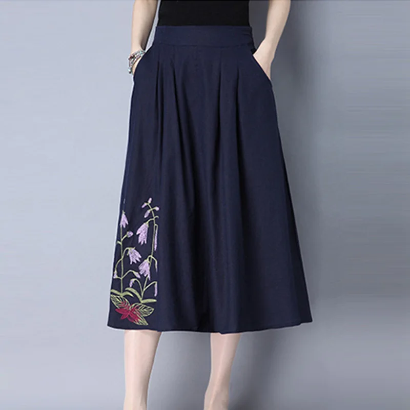 Ethnic Wind Cotton Linen Skirts Vintage Floral Print Elastic High Waist