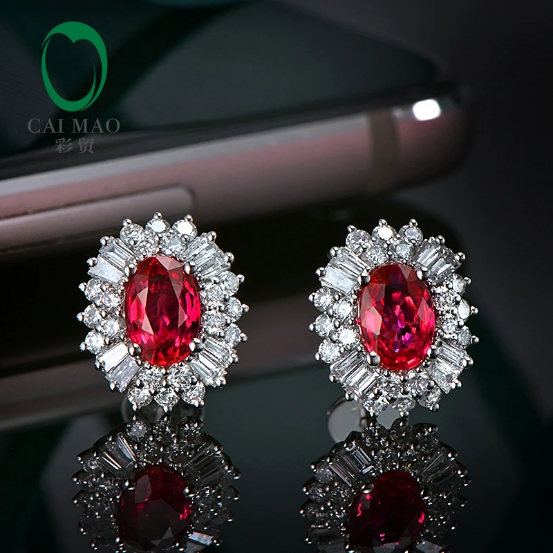 Caimao 1.18ct Red Ruby Earrings with 0.62ct H SI Diamond 14kt White Gold Exquisite Studs