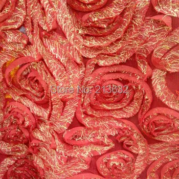 

Free shipping 3D flowers Beads lace fabric wholesale red color for wedding and clothing sewing high quality African lace fabrics