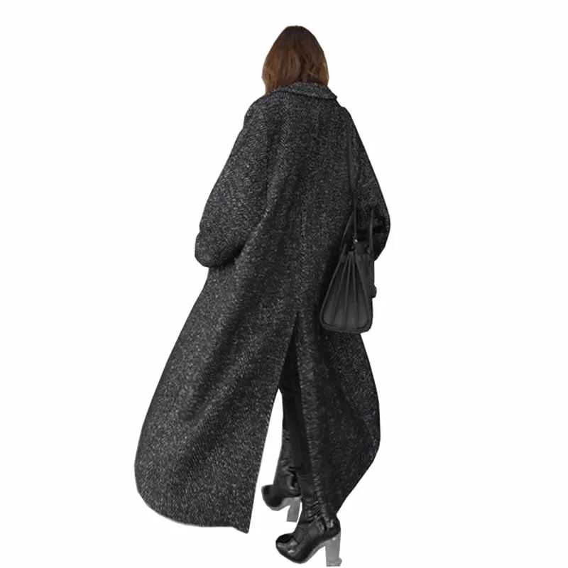 

2019 Fashion Autumn Winter Woolen Coat Women Large size Long Outerwear Female Split Hem Sashes Woolen Jackets Basic Coats G249