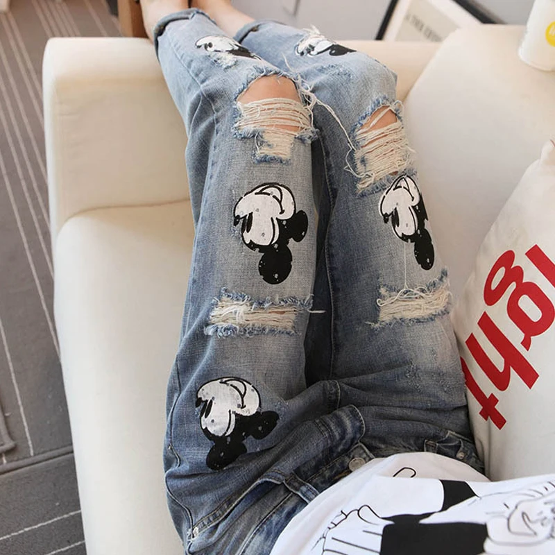 Mickey Mouse Jeans Women Distressed Ripped Boyfriend Jeans woman Cartoon Mickey Jeans Destroyed Casual Harem Denim Pants New