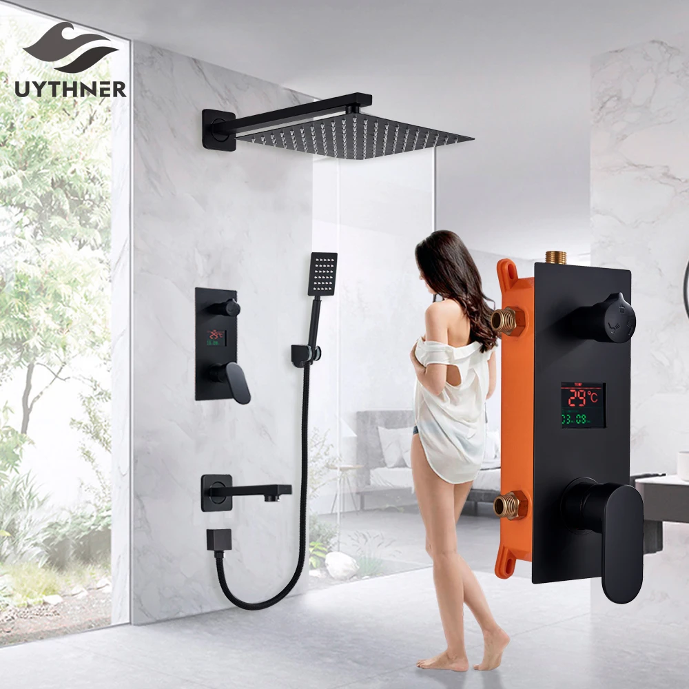 

Bathroom Shower Faucet 3-Functions Matte Black Digital Shower Faucets Set Rainfall Shower Head 3-way Switch Shower Set Mixer Tap