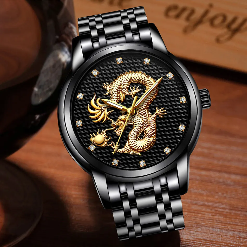 2021 LIGE New Golden Mens Watches Top Brand Luxury Chinese Dragon Watch Business Full Steel Quartz Clock Male Relogio Masculino