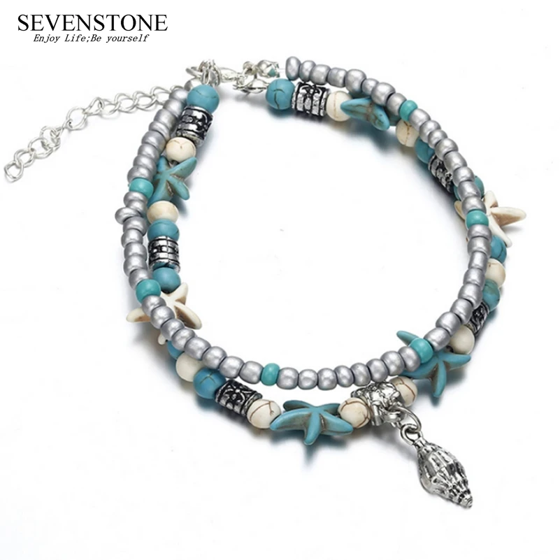 

SEVENSTONE Natural Store 2PCS Boho Creative Double-footlet Starfish Rice Beads Enkelbandje Yoga Beach Summer Anklets for Woman