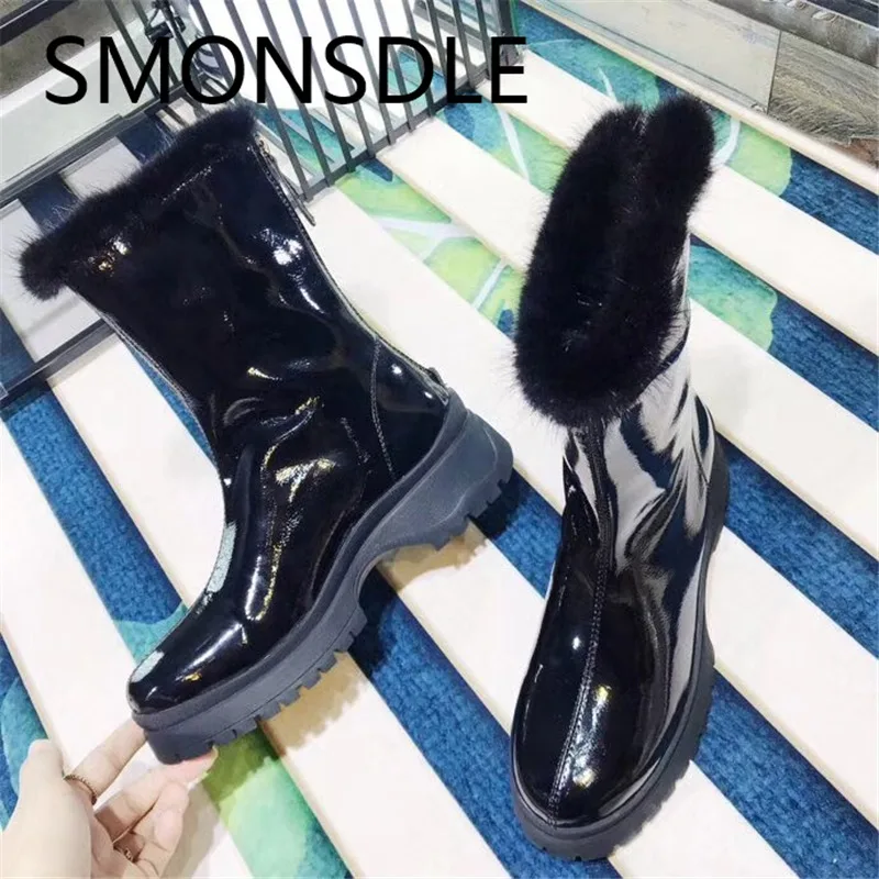 

SMONSDLE 2018 New Black Genuine Leather Women Boots Round Toe Back Zip Women Winter Warm Boots Shoes Woman