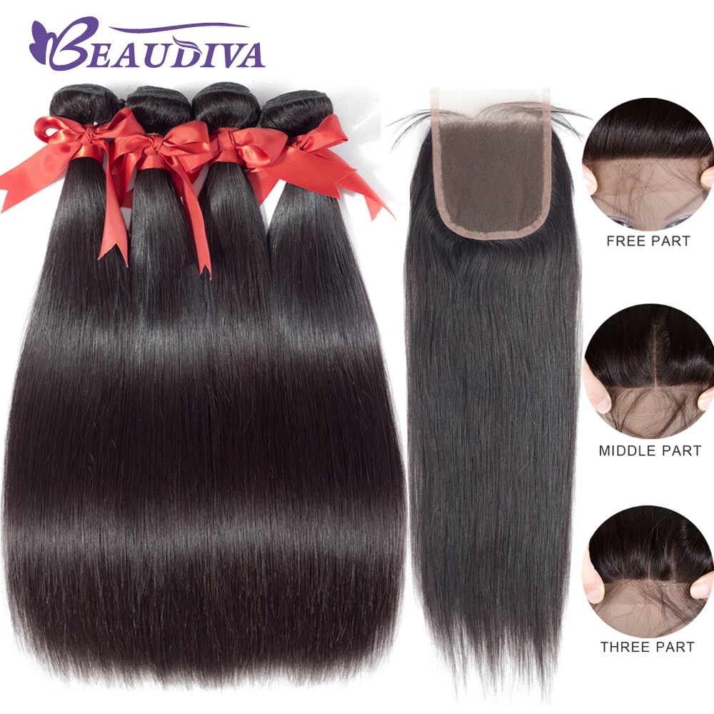 

Beaudiva Hair Extensions Brazilian Straight Hair With Closure Human Hair Bundles With Closure Non Remy 3 Bundles With Closure
