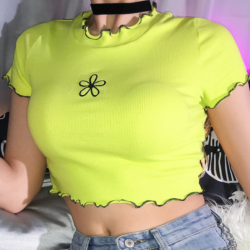 

Sweet Girl Green Vintage Wood ears O neck Short sleeve T-shirt 2019 New Woman Slim Fit T shirt Tight tee Summer Sexy Tops