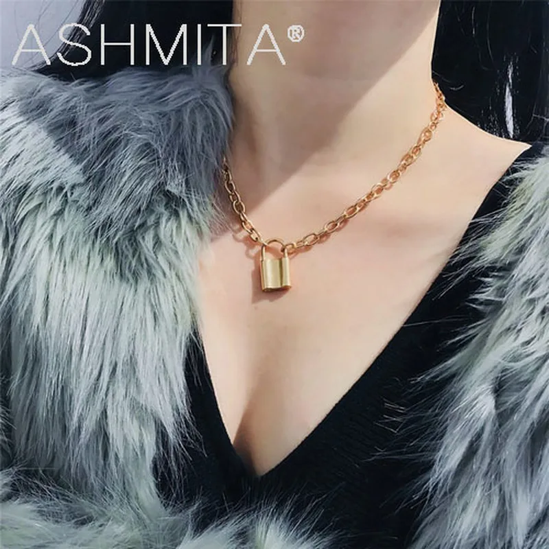 

ASHMITA 2019 Vintage Lock Pendant Choker Necklace Steampunk Clavicle Golden Chain Collier Valentine's Day Present