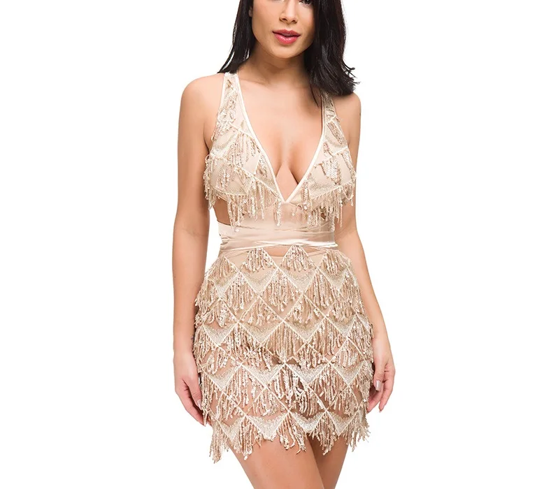 

Women Summer party dress sexy tassel spaghetti strap dress back strapless solid sequined halter l