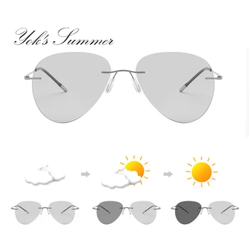 

YOK'S Pure Titanium Rimless Photochromism Sunglasses Ultralight Flexible Men Polarized Chameleon Driving Goggles Glasses HN1305