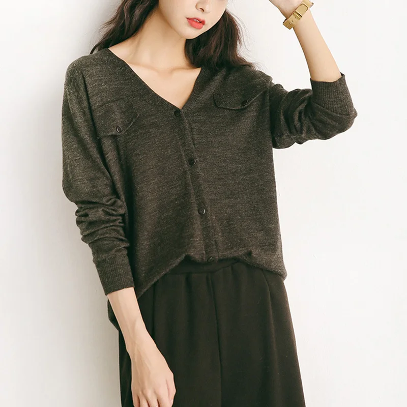 Wool Blended Cardigan Women V Neck Cardigans Sweater Knitted in