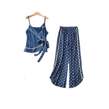 

2019 new Пижамный костюм women's sexy sling bow tie nightdress loose wave point pajamas wholesale t3+3