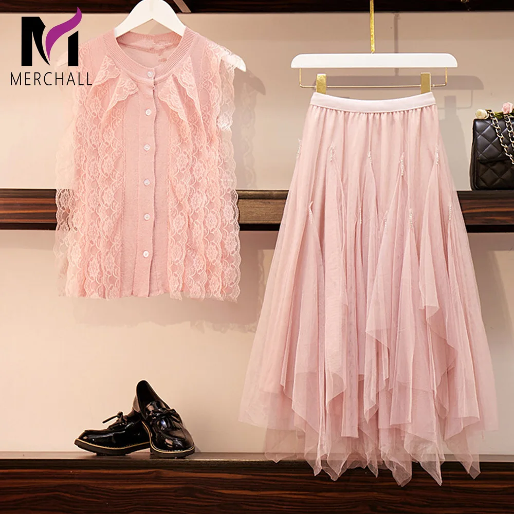 

Women Pink 2 Piece Set Sweet Sleeveless Lace Patchwork Knit Shirt Top+Layered Cake Mesh Skirts Beading Pleated Tulle Skirt Suit