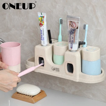 

ONEUP Plastic Bathroom Accessories Automatic Squeezing Toothpaste Dispenser High Quality Wall Mount Toothbrush Holder With Mug