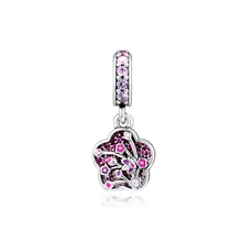 Подходит для браслетов Pandora с бусинами Pave Peach Blossom Flower Висячие Подвески 925 пробы-серебро-ювелирные изделия