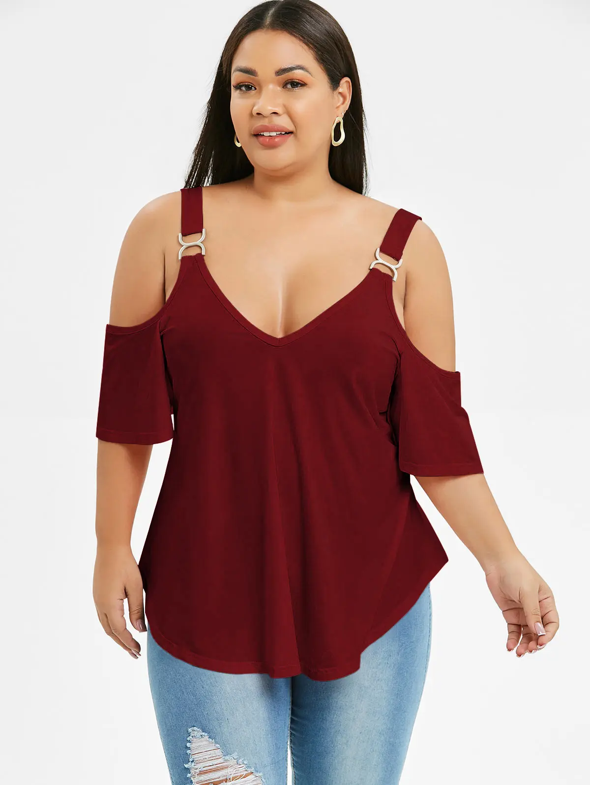 

Wipalo Plus Size T Shirt Open Shoulder Tunic Women V-Neck T Shirts New Fashion Summer Casual Ladies Tops Women Clothes 3 Colors