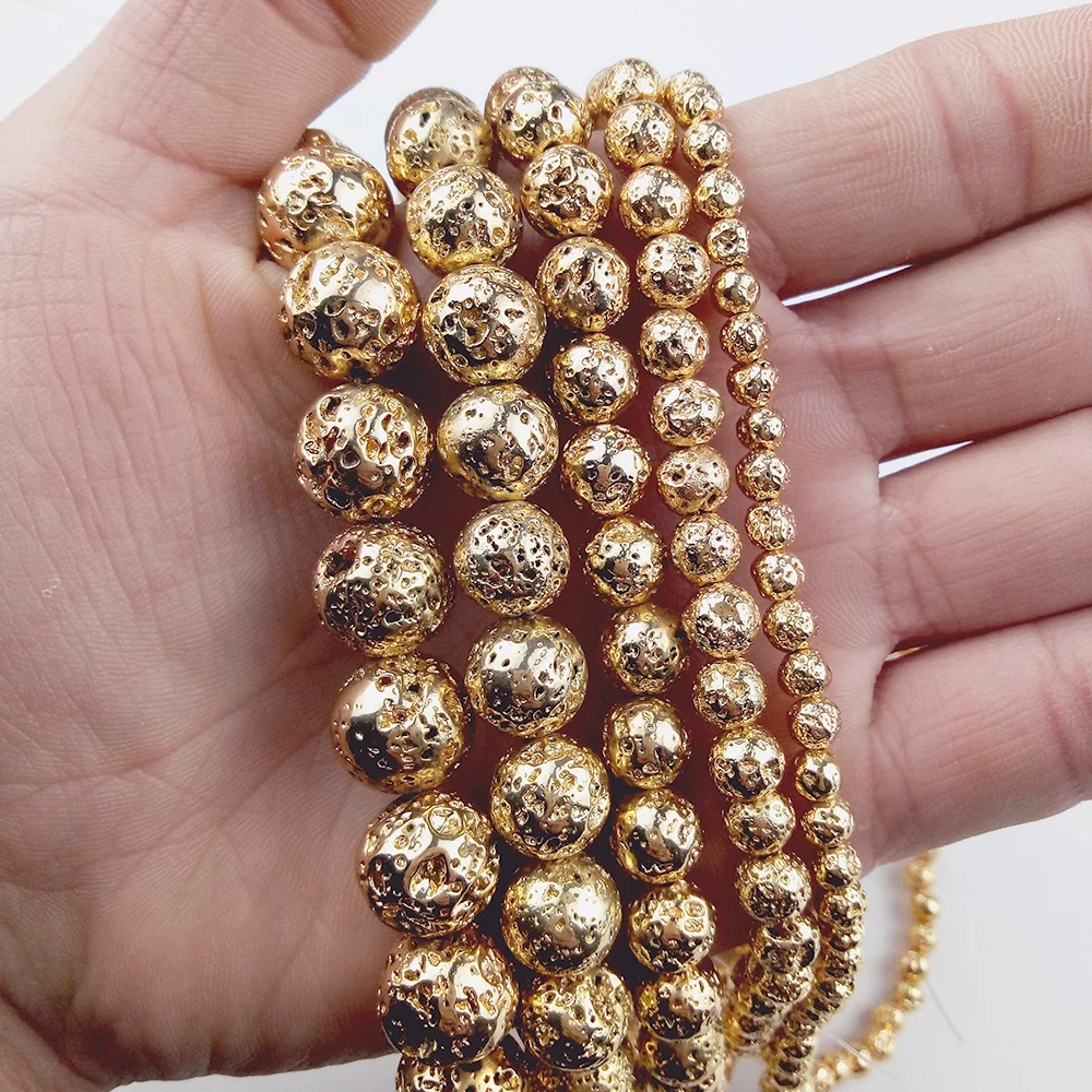 Natural Stone Beads 14 Gold Color Lava Stone 4 6 8 10 12mm Round Ball For Jewelry Accessories Making Bracelet