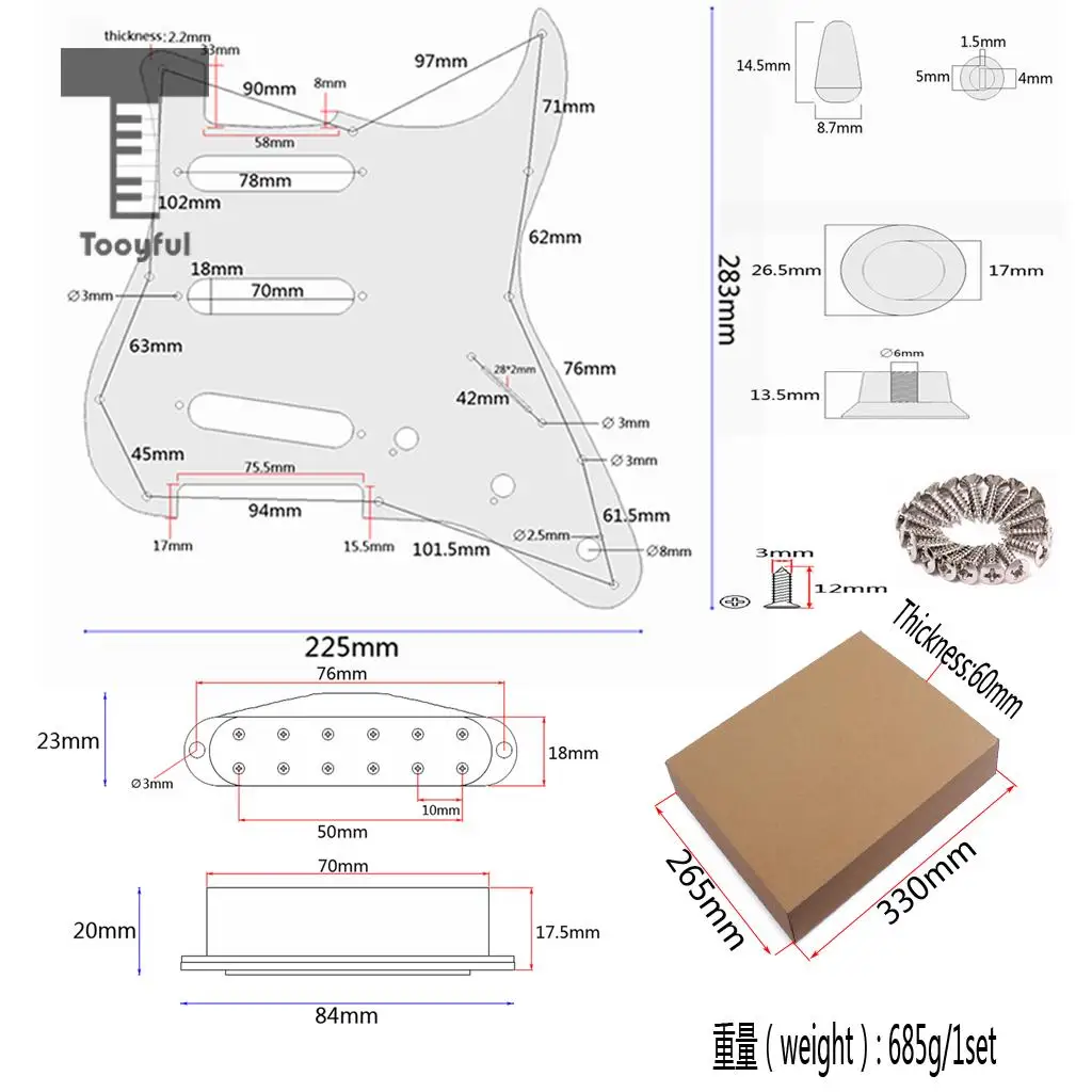 Tooyful 3-ply Loaded Prewired Pickguard SSS Pickup Guard Plate for Strat ST Guitar Replacement