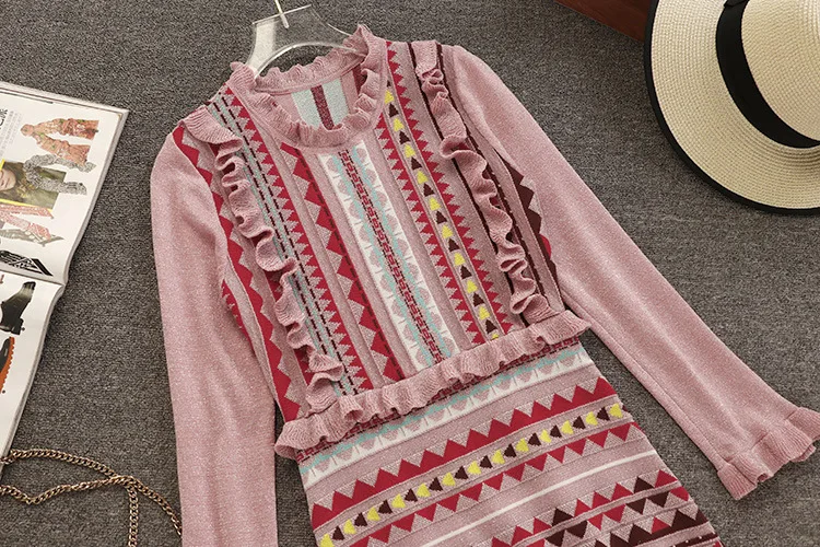 New Spring Autumn Ruffles Knitted Dress Small fragrance Stripe Dresses Women Temperament Party Vestidos Female Robes Z105
