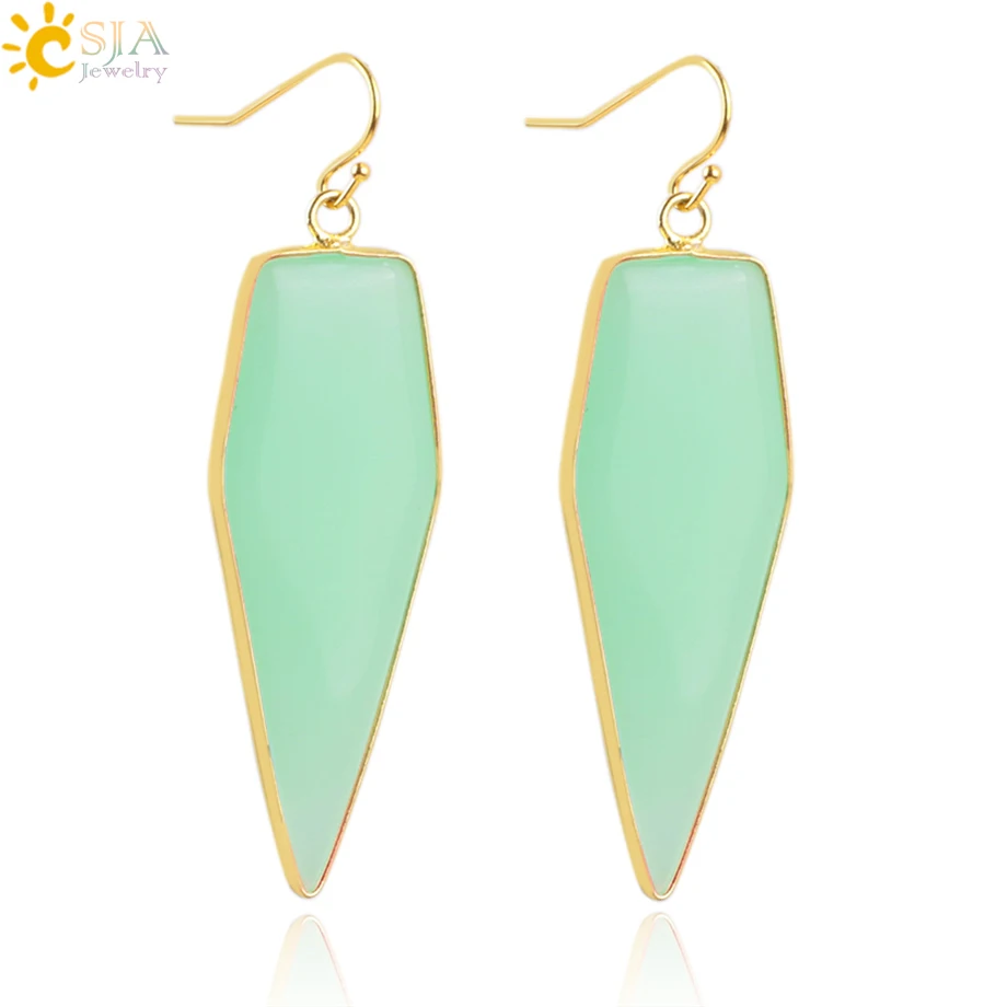 

CSJA Ethnic Geometric Plated Gold Jewellery for Female Long Earrings Hook Dangle Natural Spectrolite Stone Pendant Earring E248