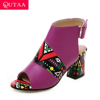 

QUTAA 2020 Mixed Color Graffiti PU Leather Slingback Fashion Summer Shoes Sexy Peep Toe Hook&Loop Comfortable Sandals Size 34-43