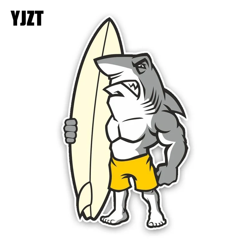

YJZT 9.7*16.4CM Interesting Surfboard And Great White Shark Cartoon Colored PVC Car Sticker Bumper Decoration C1-5334