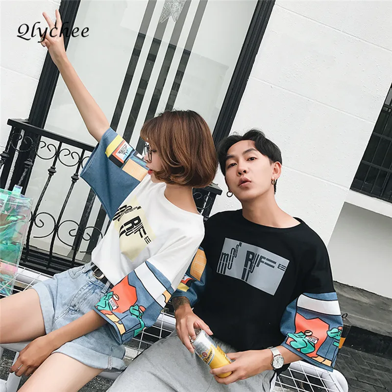 Qlychee Fashion Streetwear Patchwork Print T shirt Women Three Quarter Sleeve O Neck Harajuku Lady Top Tee Spring T-shirt Female