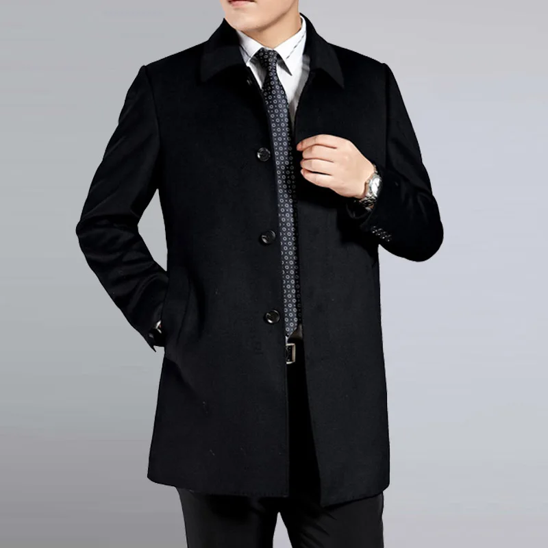 Мужское кашемировое пальто среднего возраста, мужской шерстяной Тренч с отложным воротником, однобортная шерстяная верхняя одежда, новинка, Осень-зима