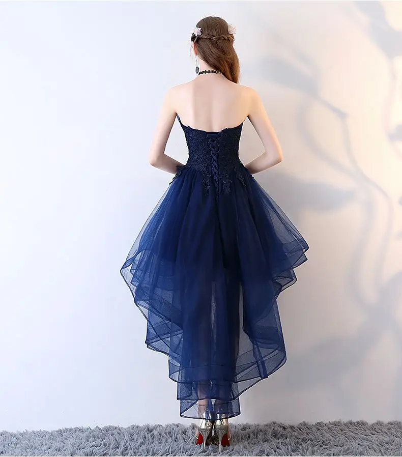 Темно-синие вечерние платья с коротким передом и длинной спинкой, вечерние платья с кружевной аппликацией без бретелек, вечерние платья