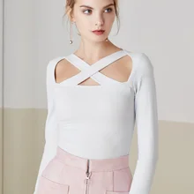 Однотонная Базовая футболка на осень и зиму, Модные Винтажные футболки с длинными рукавами и перекрестными ремешками, тонкая женская футболка 8057