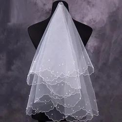 Women Pearl Bridal Veils Wedding Dress Veil Layers Tulle Ribbon Edge Wedding Accessories 2024