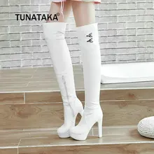 Ботфорты на высоком каблуке; женские зимние сапоги до бедра; женские модные сапоги на молнии и платформе; цвет черный, коричневый, белый