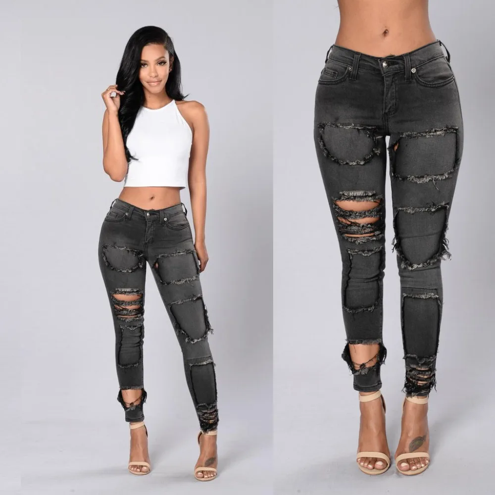 S 2XL 2017 women's clothing fashion Autumn ripped jeans ladies slim