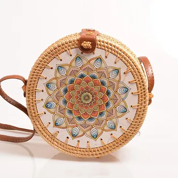 

National Rattan Woven Storage Bags Retro Style Crossbody Bags Flower Print Circular Messenger Bags