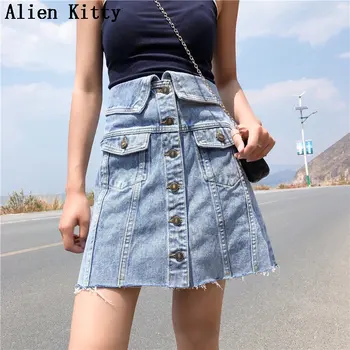 

Alien Kitty Summer Empire Women Fashion New A-Line All-Match Simple Single Breasted Mini Plus Skirts