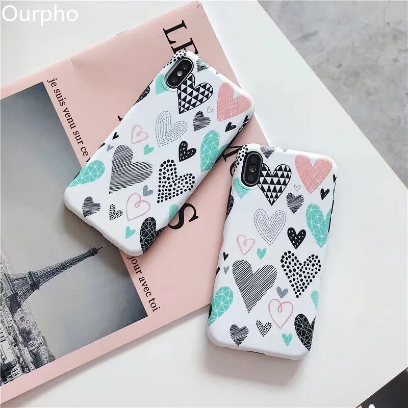 Ourpho Новый IMD Матовый телефон случае для iphone 6 6s 7 8 плюс милые модные с сердечками