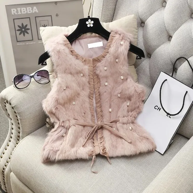 MUMUZI Women Genuine Natural Real rabbit fur Vests slim waist beaded Waistcoat short gilet coats with tassels Raccoon Fur collar Coats