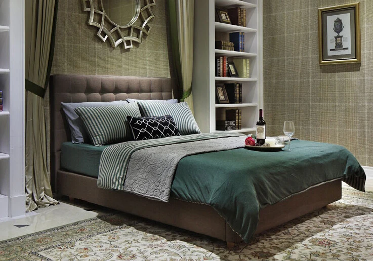 

Tufted high headboard contemporary modern fabric sleeping soft bed King size bedroom furniture Made in China